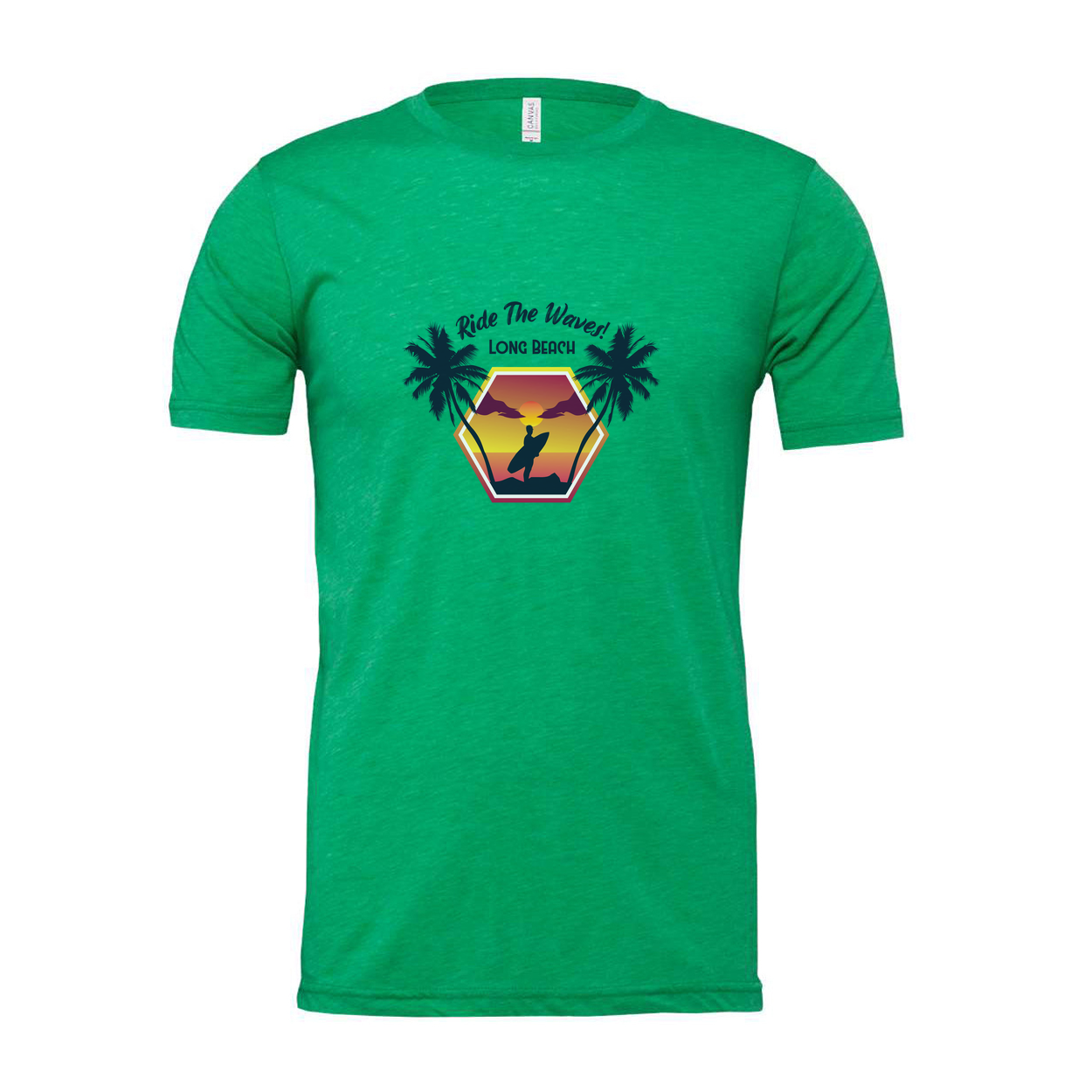 Surfing Sunset Hexagon Graphic Tee With Palm Trees And Rider Silhouette On Long Beach