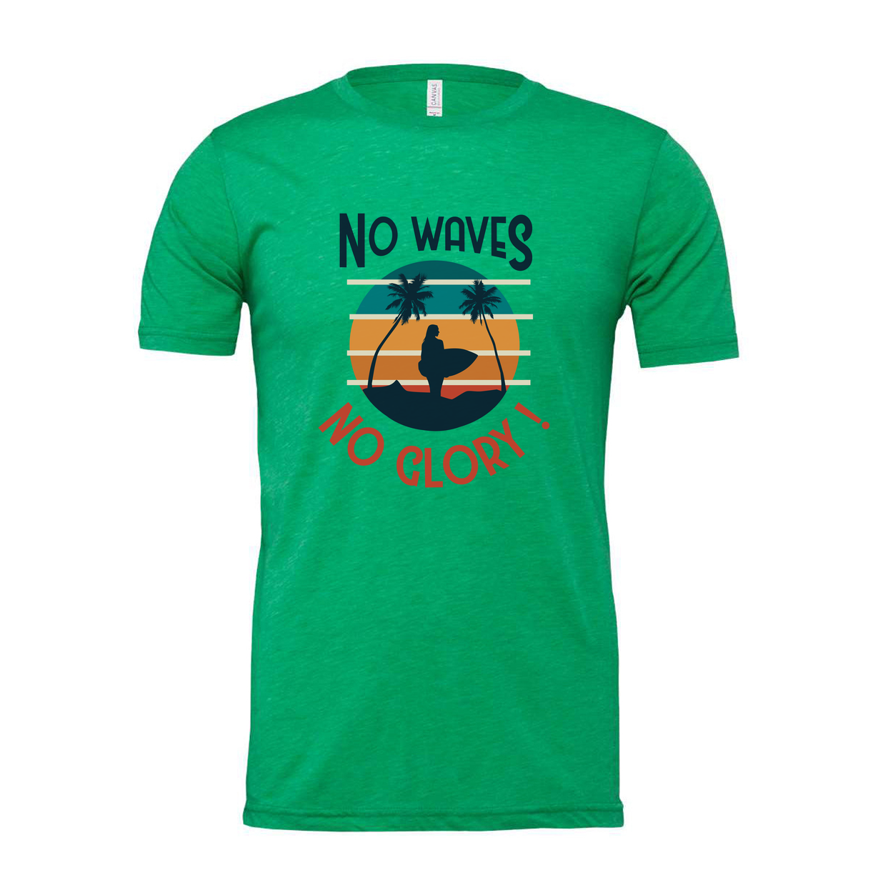 No Waves No Glory Surfing Graphic Unisex Tee For Men And Women With Sunset Palm Tree Design