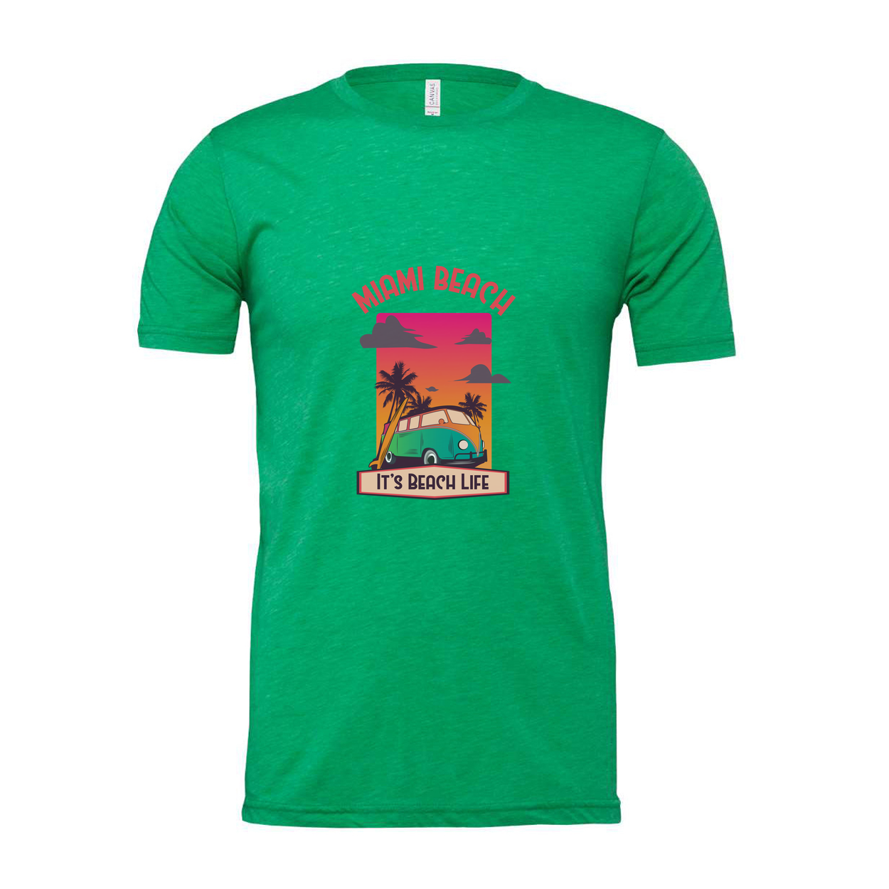 Miami Beach Retro Sunset Graphic T Shirt With Palm Trees And Classic Van Illustration