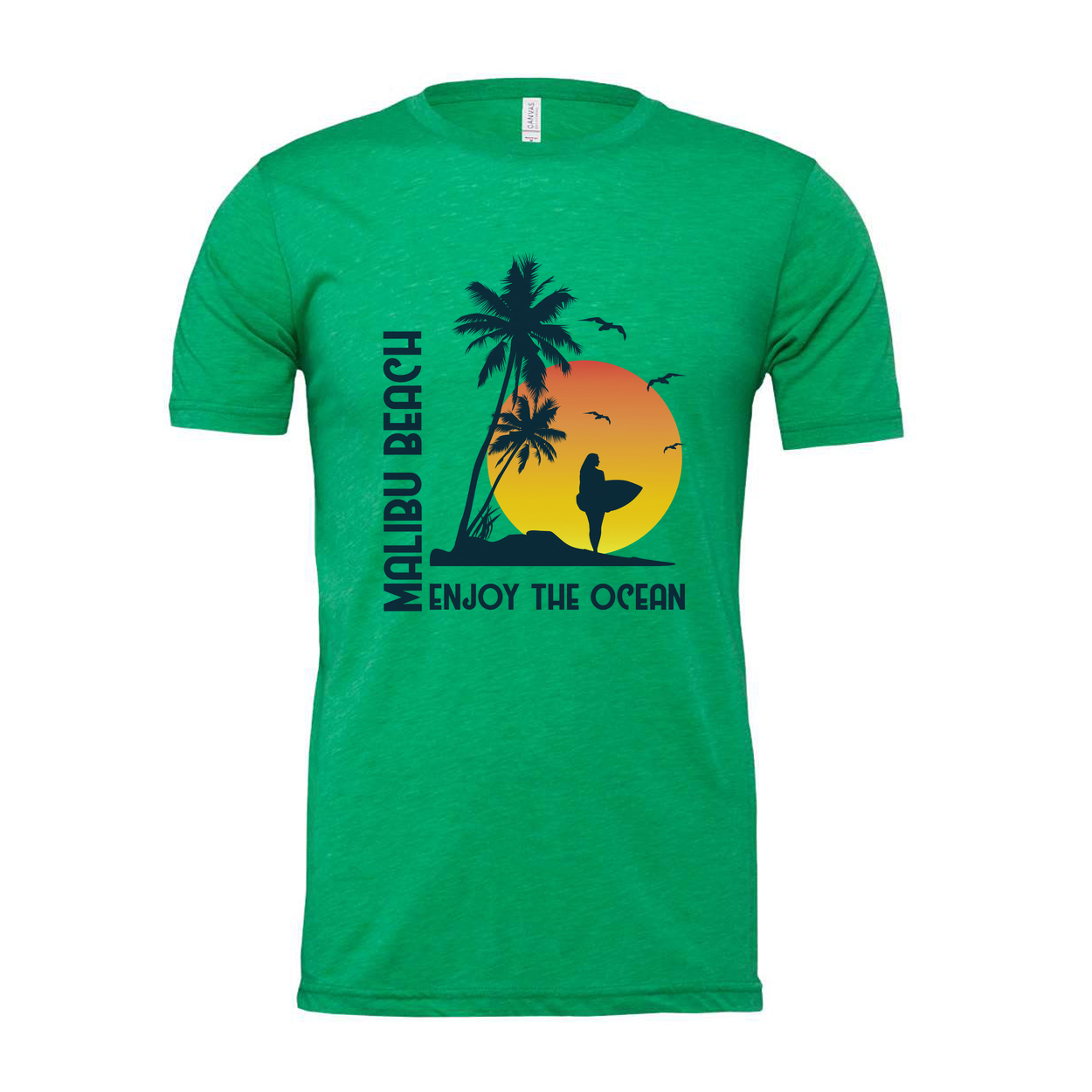Malibu Beach Sunset Surfing Graphic Unisex T Shirt With Palm Trees And Surfer Silhouette
