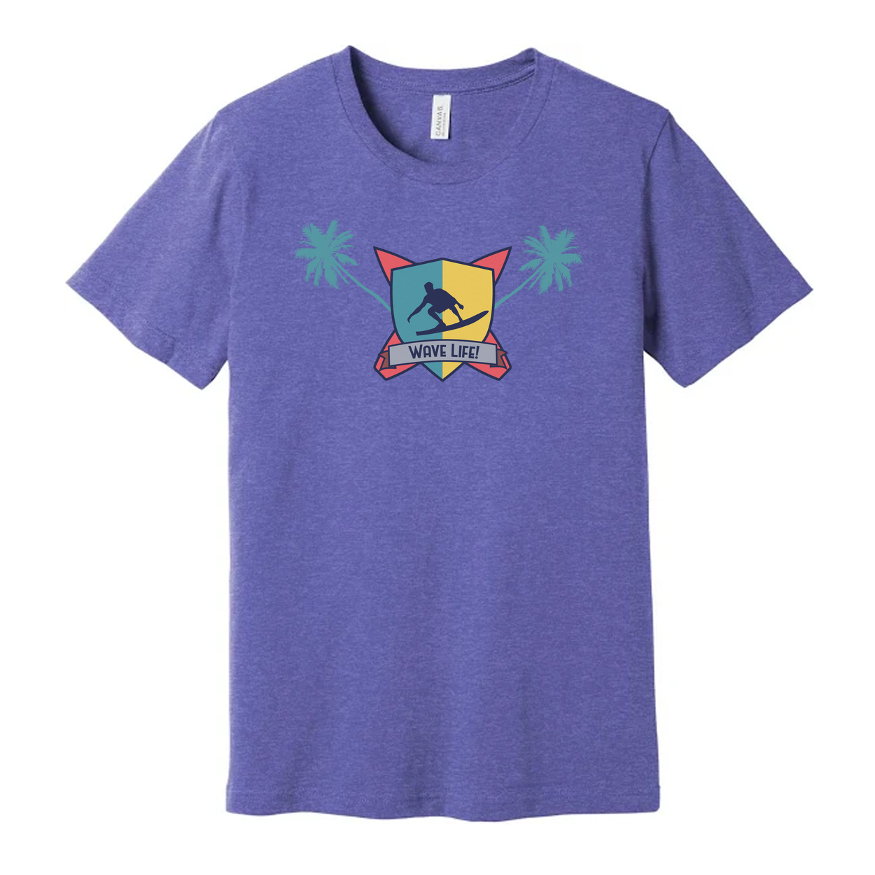 Unisex Surfing Crest Tee Featuring Wave Shield Emblem Palm Trees And Beachside Graphic Design