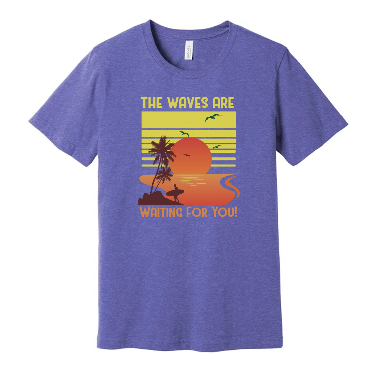 Unisex Surfing Sunset Graphic Tee Featuring Palm Trees Ocean Waves And A Radiant Orange Sun