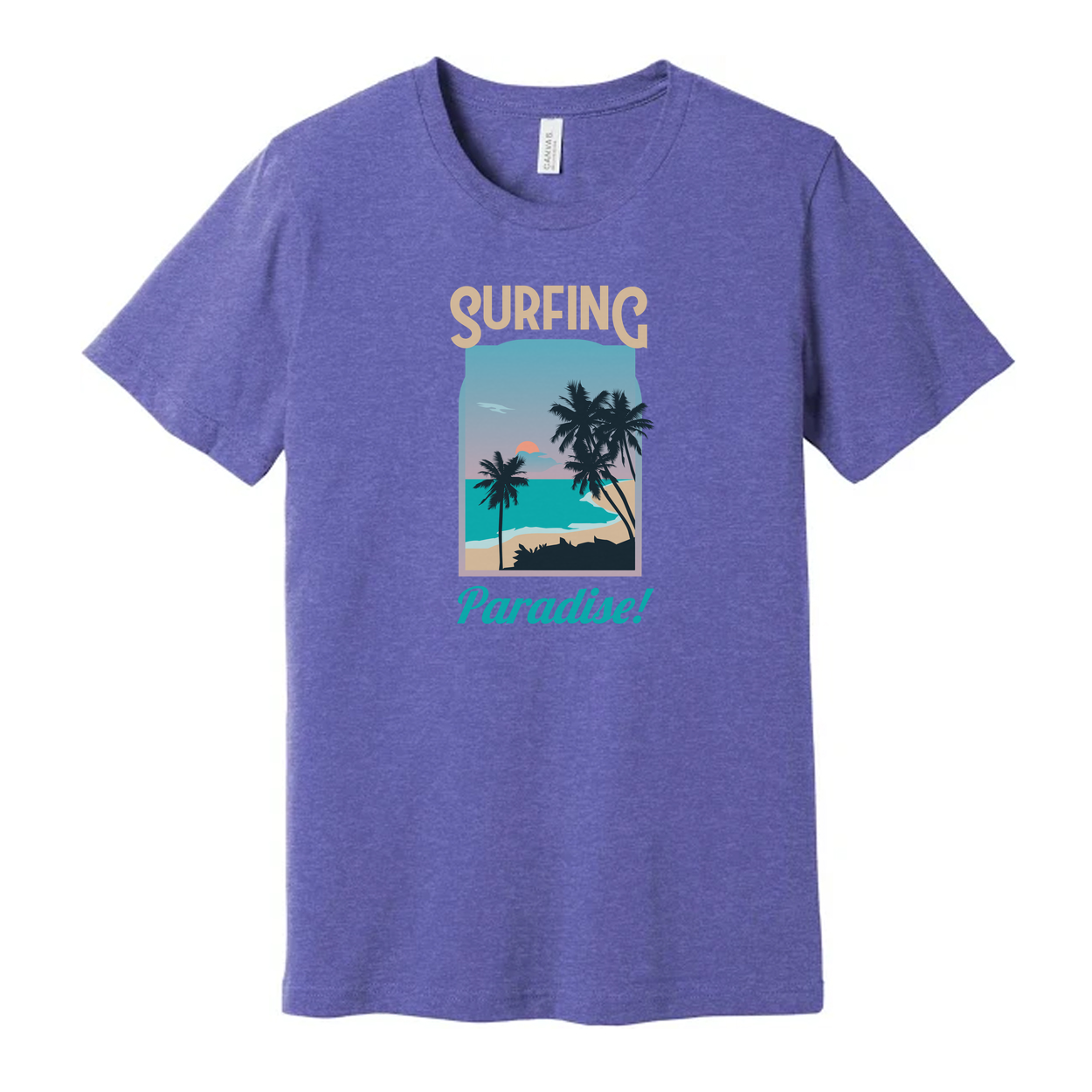 Surfing Paradise Graphic Tee For Men And Women Unisex With Palm Tree Beach Scene Coastal Sunset Ocean Surfer Gift Idea