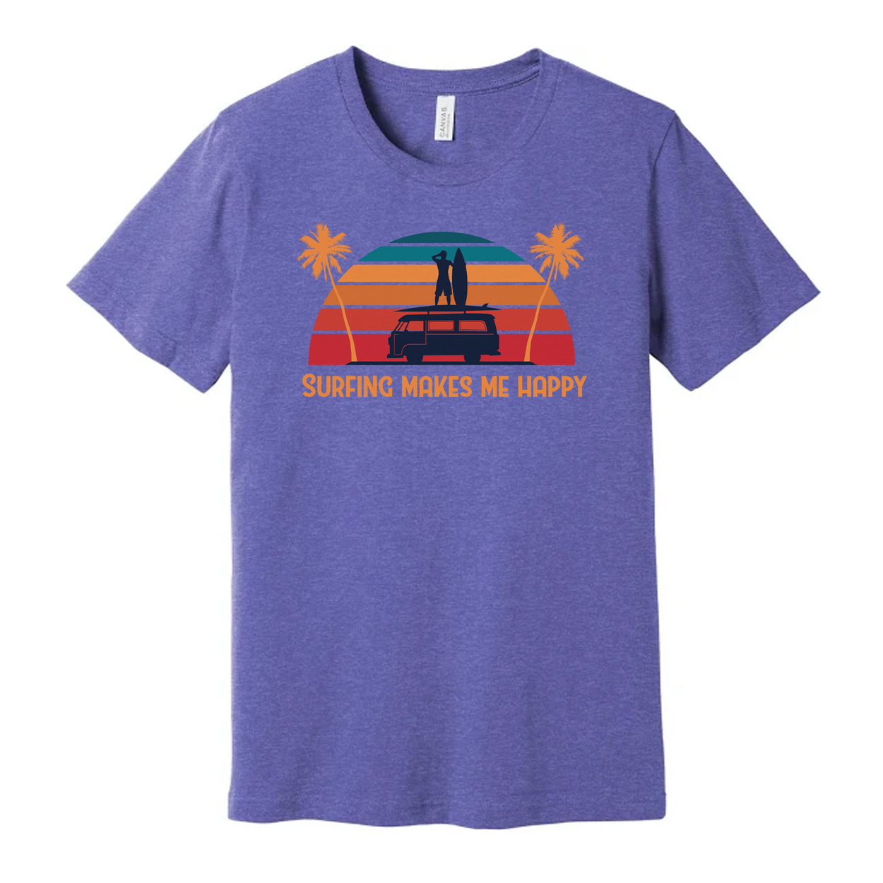 Surfing Makes Me Happy Unisex T Shirt With Retro Sunset Beach Scene And Surfboard Van