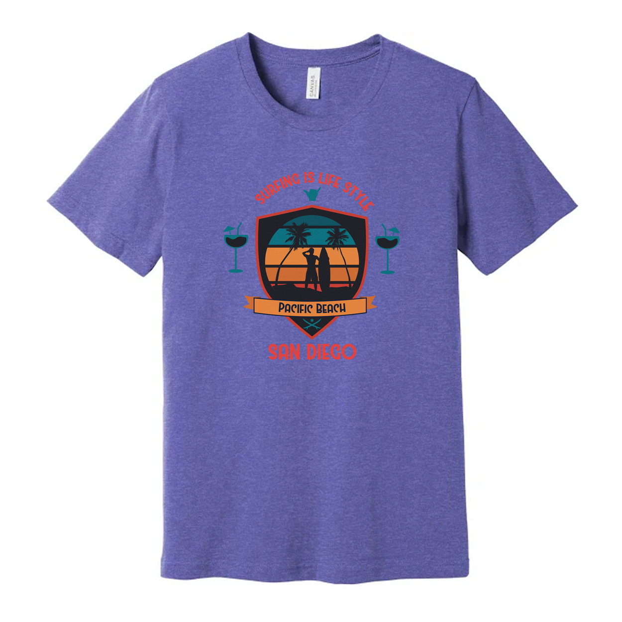 Unisex Surfing Tee With Pacific Beach San Diego Graphic Shield Design Retro Sunset Palette