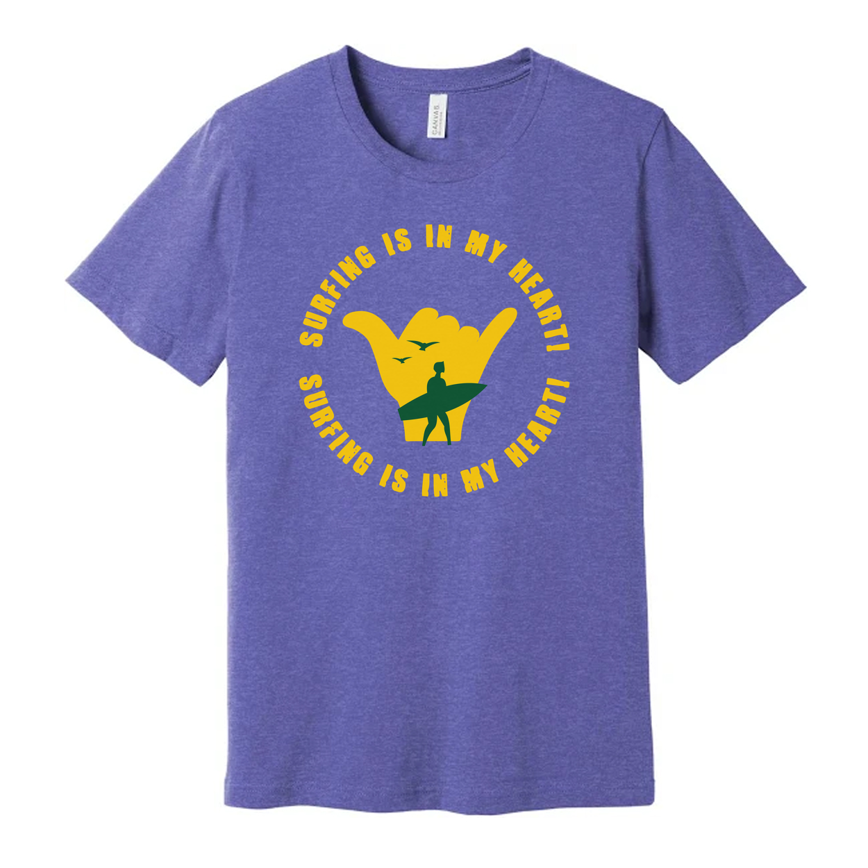 Surfing Is In My Heart Graphic Tee With Yellow Shaka Hand And Surfer Silhouette Design