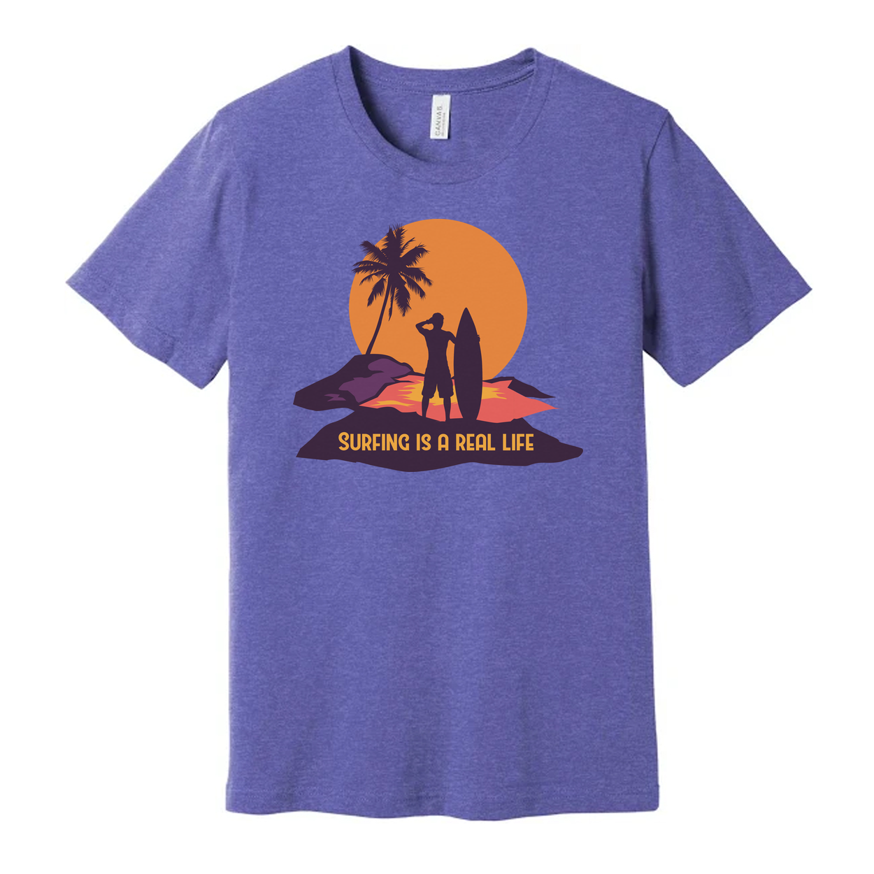 Unisex Surfing Graphic Tee With Silhouette Of Surfer And Palm Tree Against Sunset