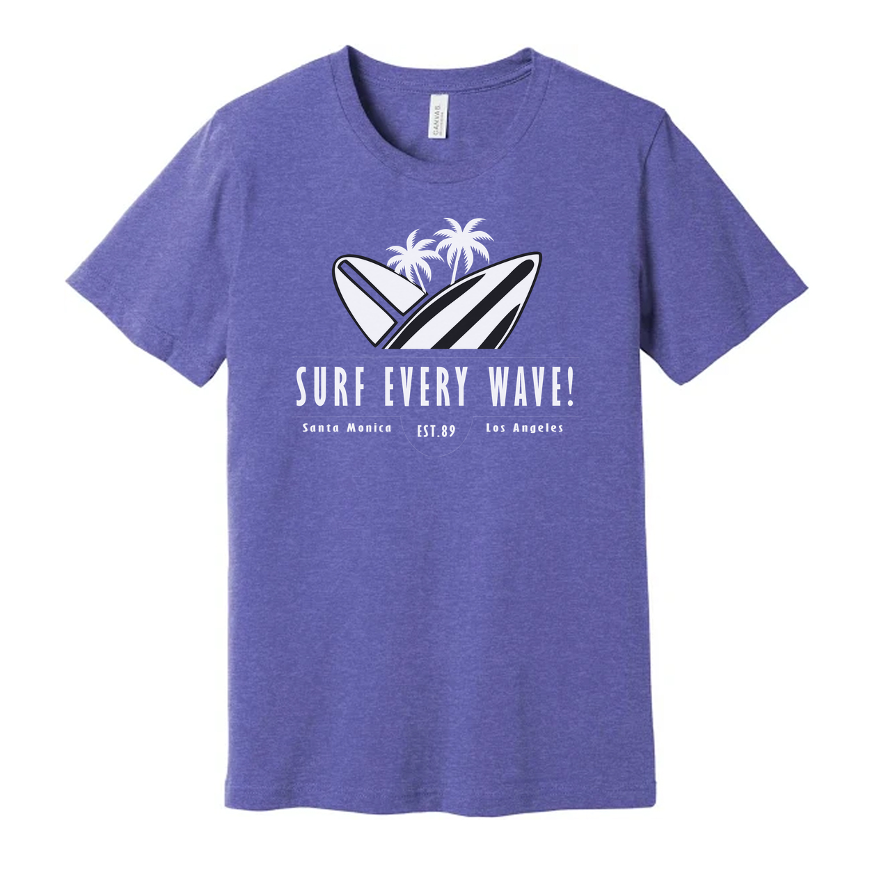 Surf Every Wave Graphic Tee With Surfboard And Palm Design