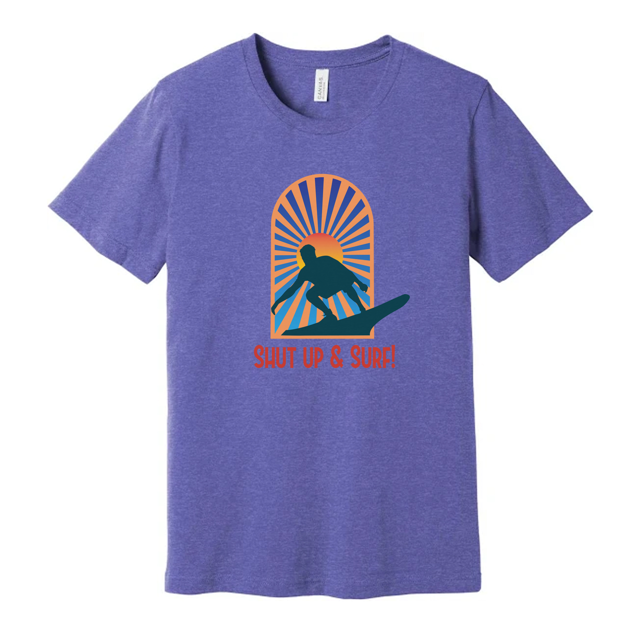 Unisex Surfing Graphic Tee With Sunburst Arch Silhouette Of Surfer And Retro Style Font
