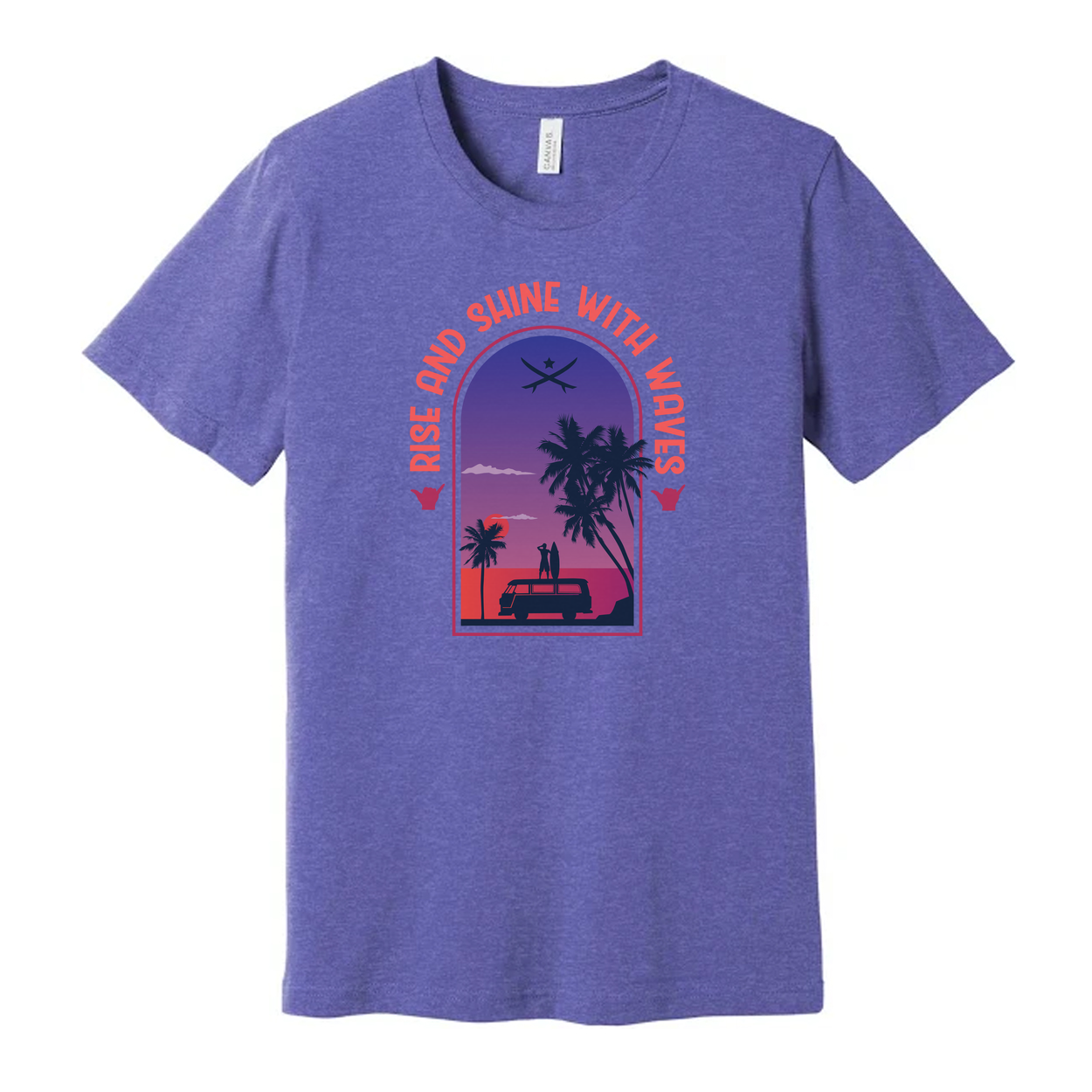 Unisex Surfing Themed T Shirt With Sunset Palm Trees And Van Scene Artwork For Beach Lovers