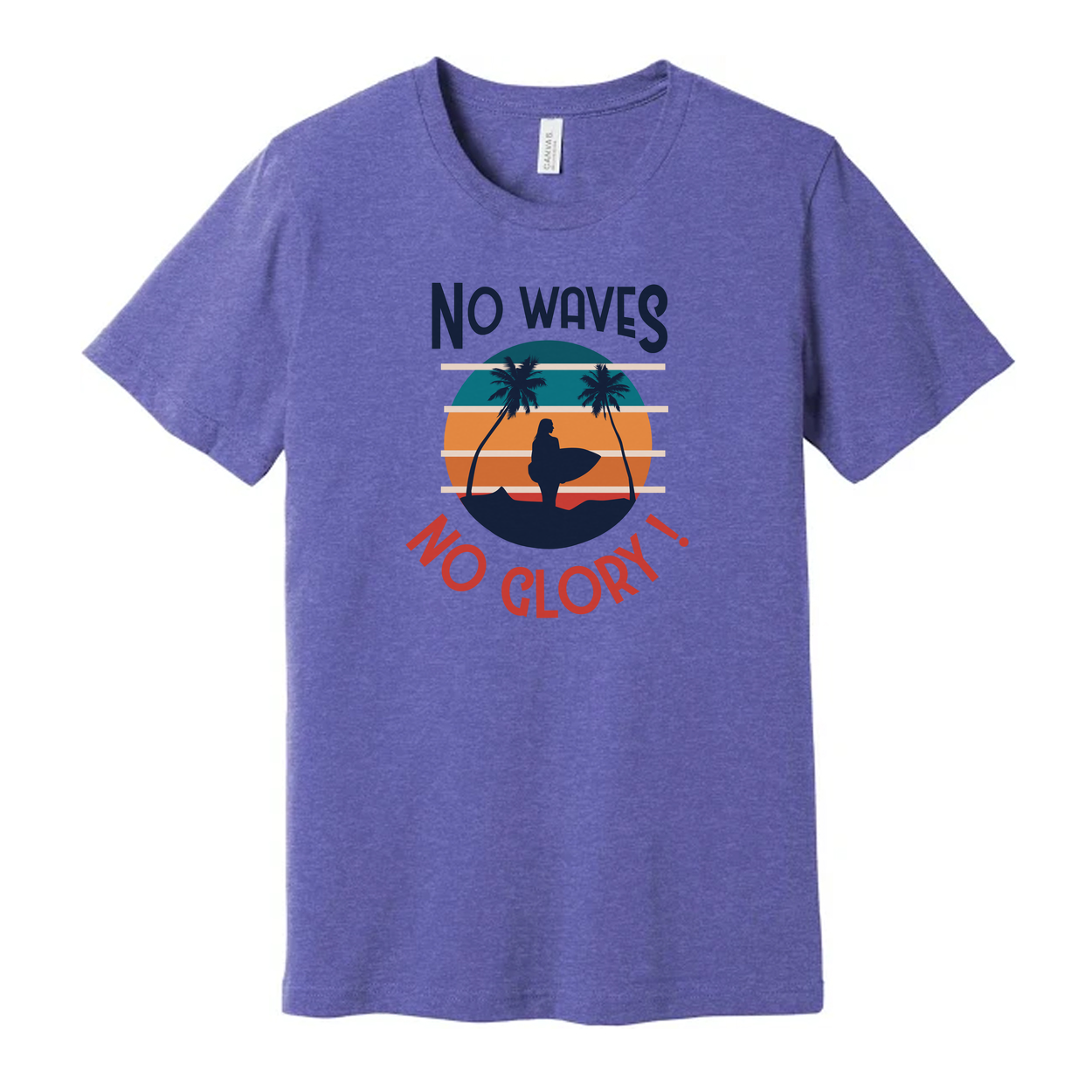 No Waves No Glory Surfing Graphic Unisex Tee For Men And Women With Sunset Palm Tree Design