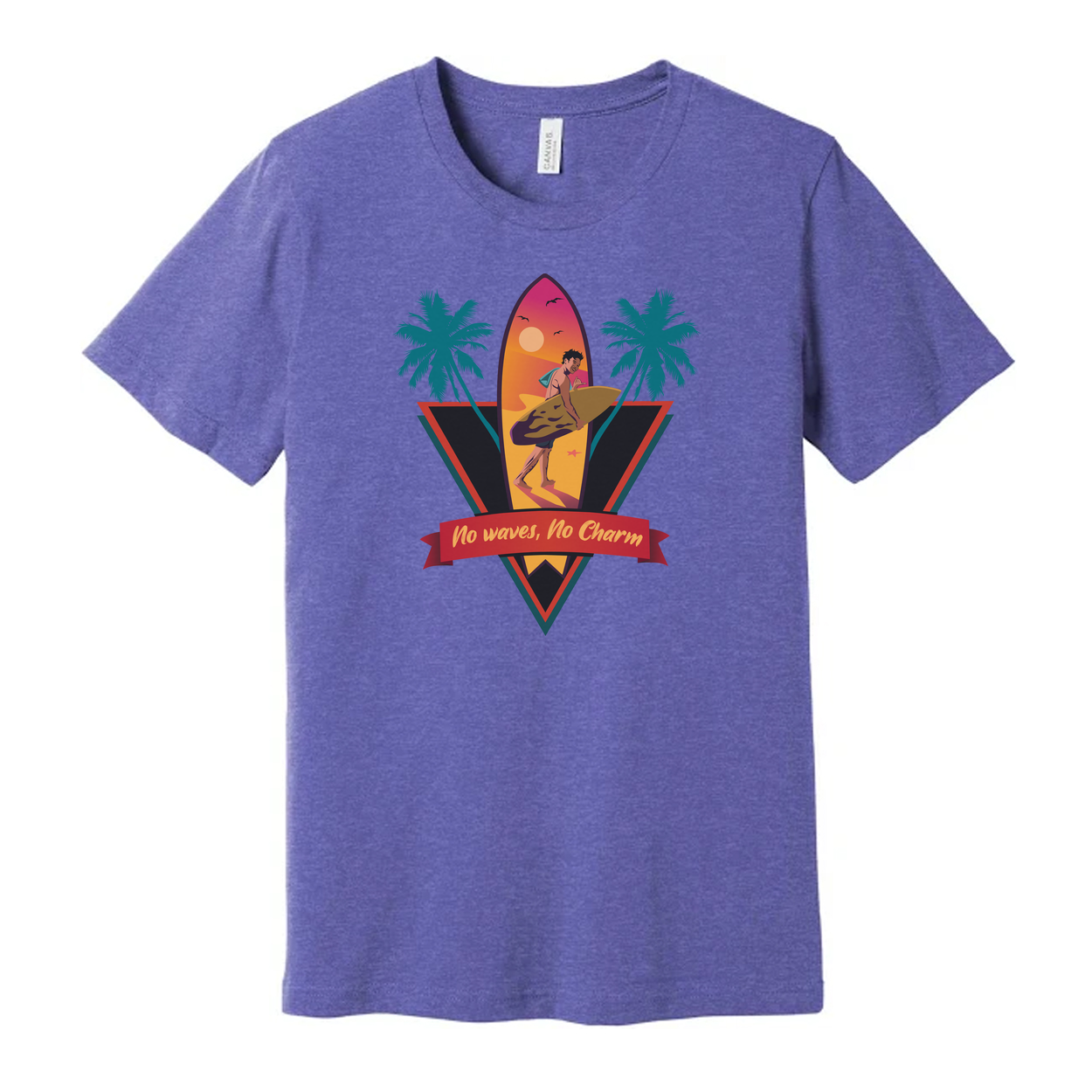 Unisex Surfing Graphic Tee With Sunset Surfer, Palm Trees And No Waves, No Charm Ribbon