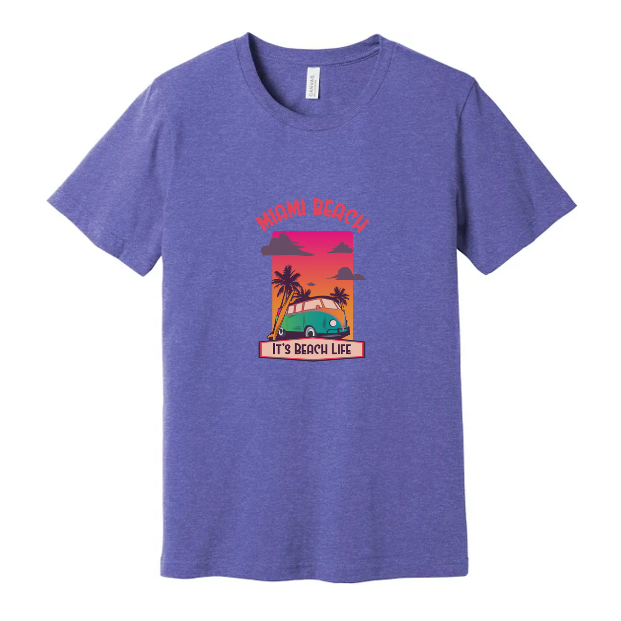Miami Beach Retro Sunset Graphic T Shirt With Palm Trees And Classic Van Illustration