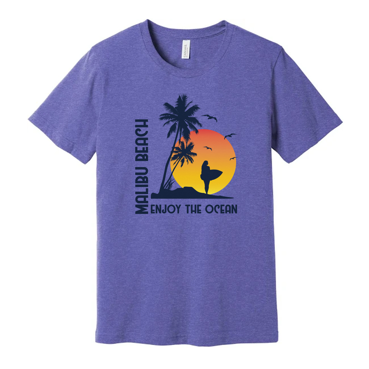 Malibu Beach Sunset Surfing Graphic Unisex T Shirt With Palm Trees And Surfer Silhouette