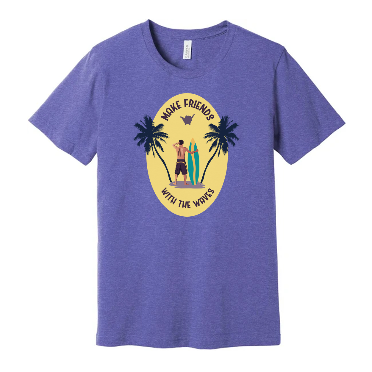 Unisex Surfing T Shirt With Sunset Palm Tree Graphic And Surfboard Make Friends With The Waves
