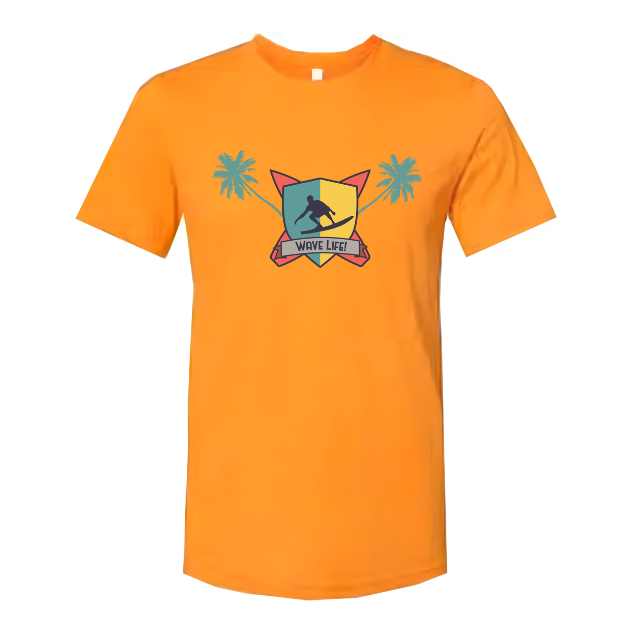 Unisex Surfing Crest Tee Featuring Wave Shield Emblem Palm Trees And Beachside Graphic Design