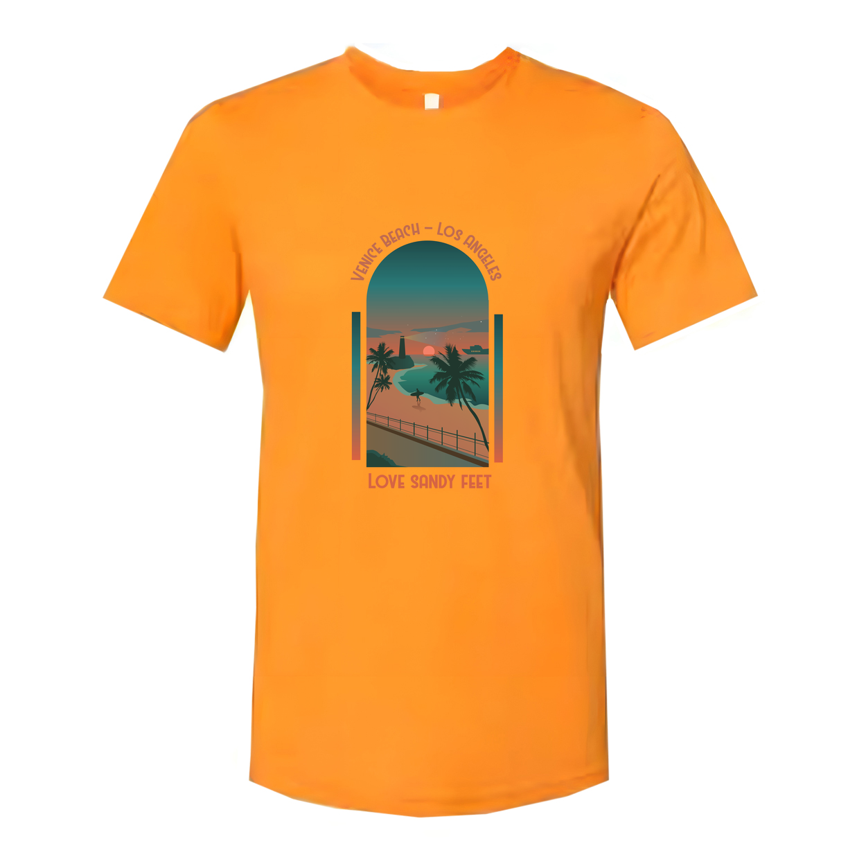 Surfing Unisex T Shirt With Venice Beach Sunset Scene Palm Trees And Love Sandy Feet