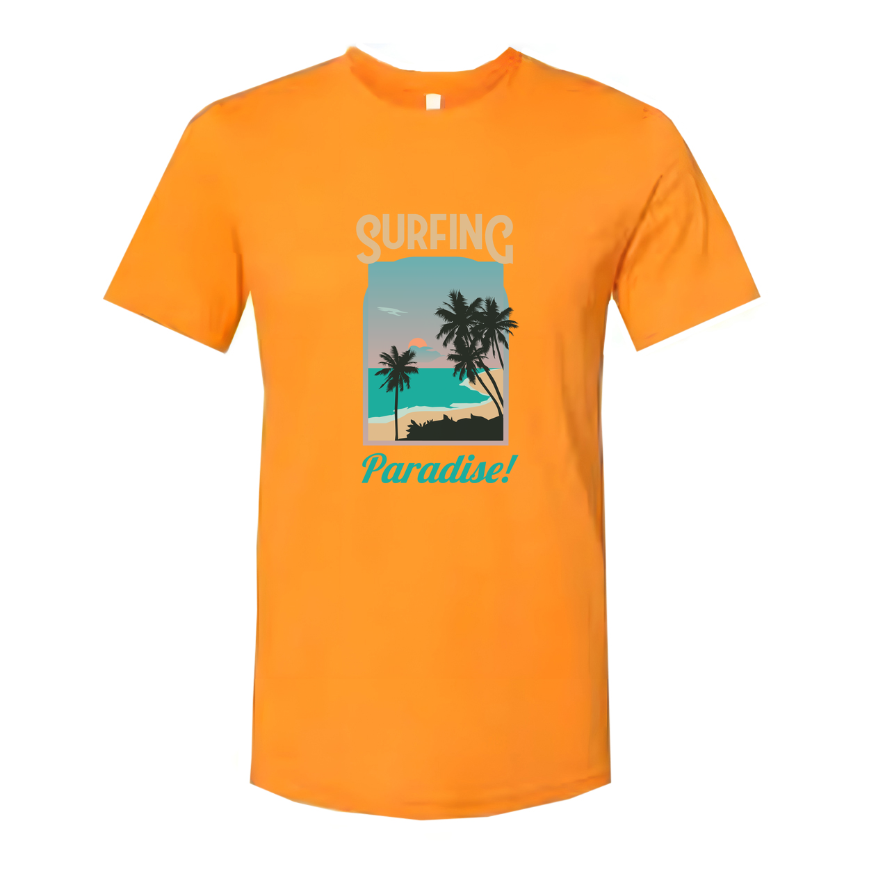 Surfing Paradise Graphic Tee For Men And Women Unisex With Palm Tree Beach Scene Coastal Sunset Ocean Surfer Gift Idea