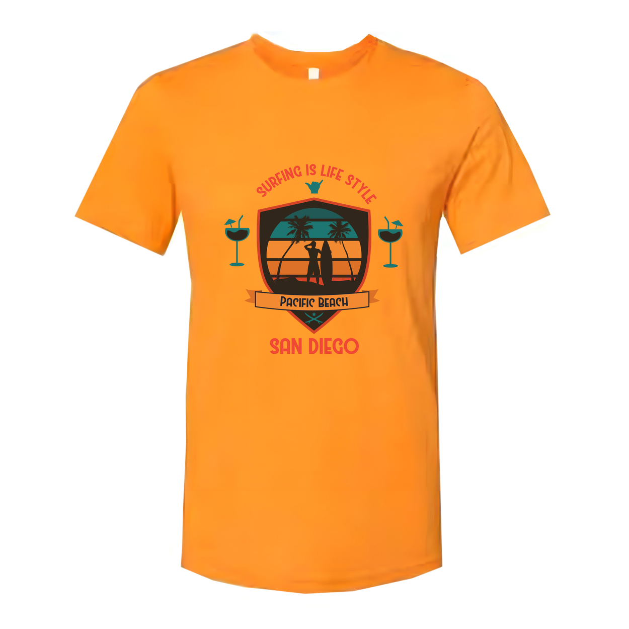 Unisex Surfing Tee With Pacific Beach San Diego Graphic Shield Design Retro Sunset Palette