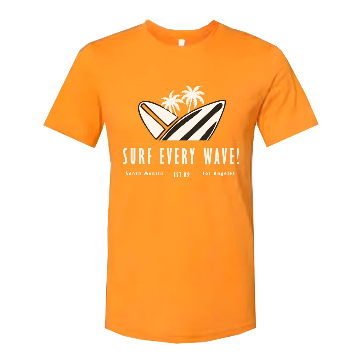 Surf Every Wave Graphic Tee With Surfboard And Palm Design