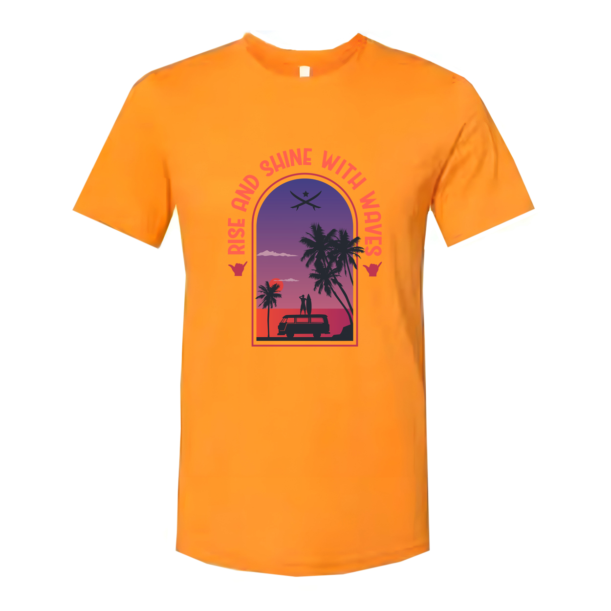 Unisex Surfing Themed T Shirt With Sunset Palm Trees And Van Scene Artwork For Beach Lovers
