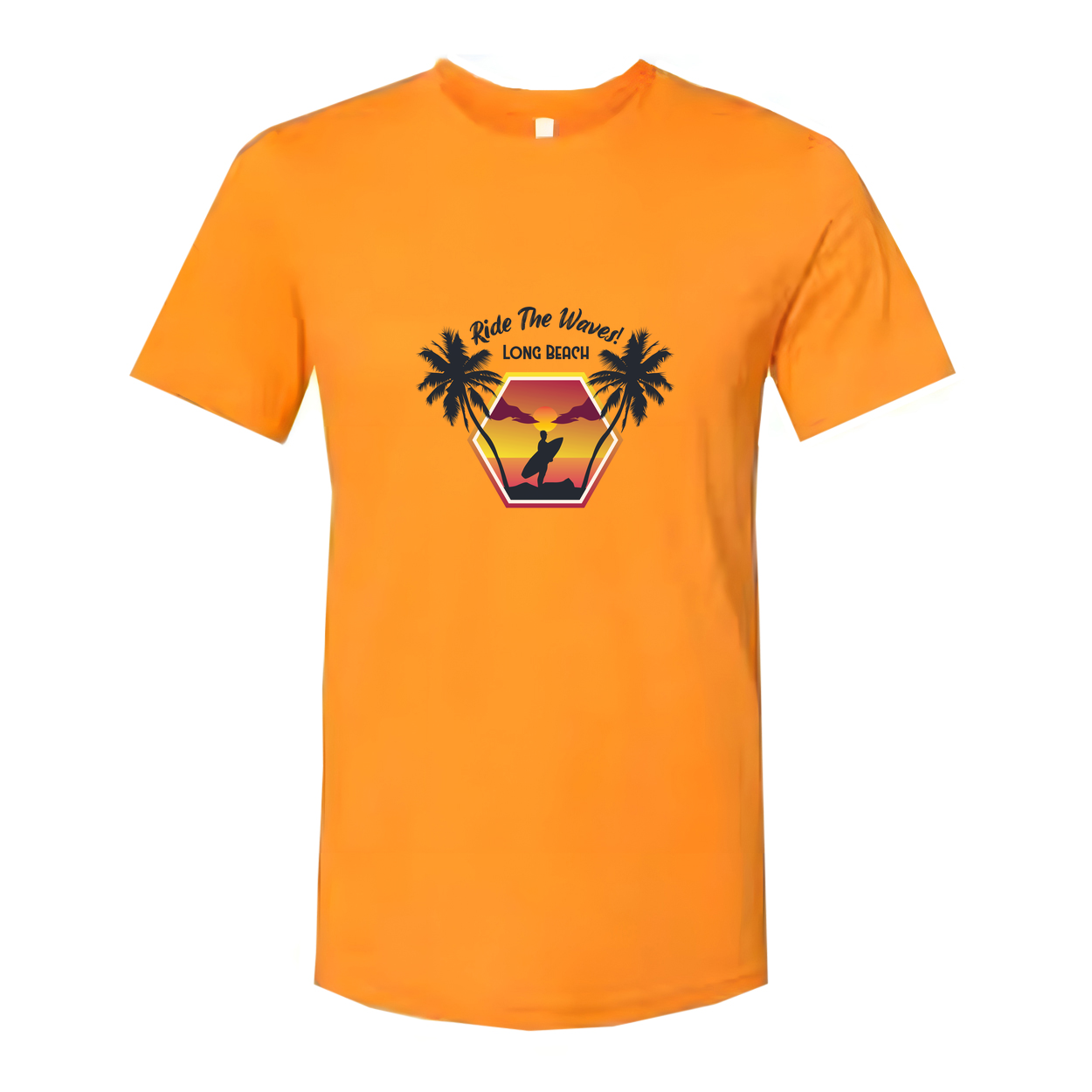 Surfing Sunset Hexagon Graphic Tee With Palm Trees And Rider Silhouette On Long Beach