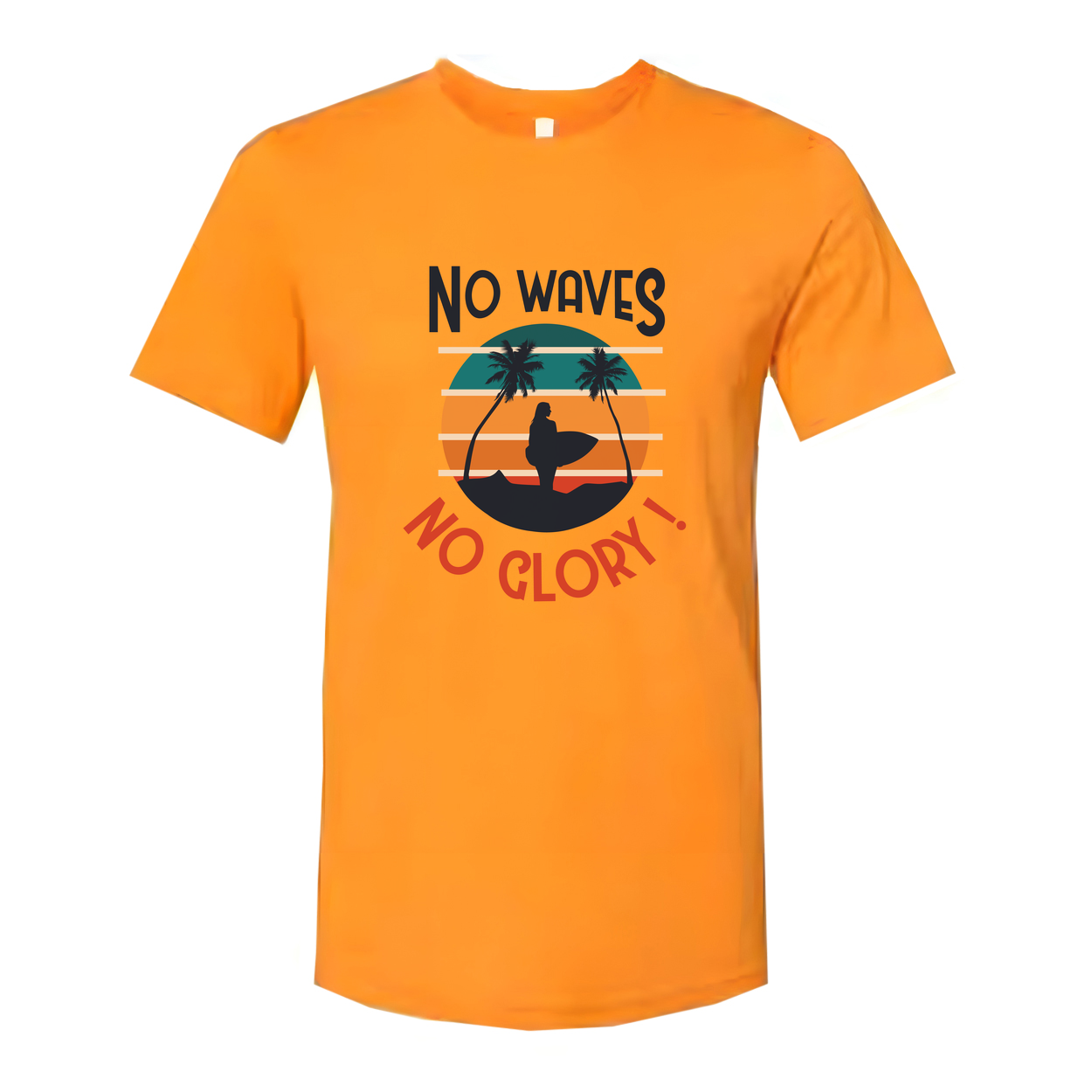 No Waves No Glory Surfing Graphic Unisex Tee For Men And Women With Sunset Palm Tree Design