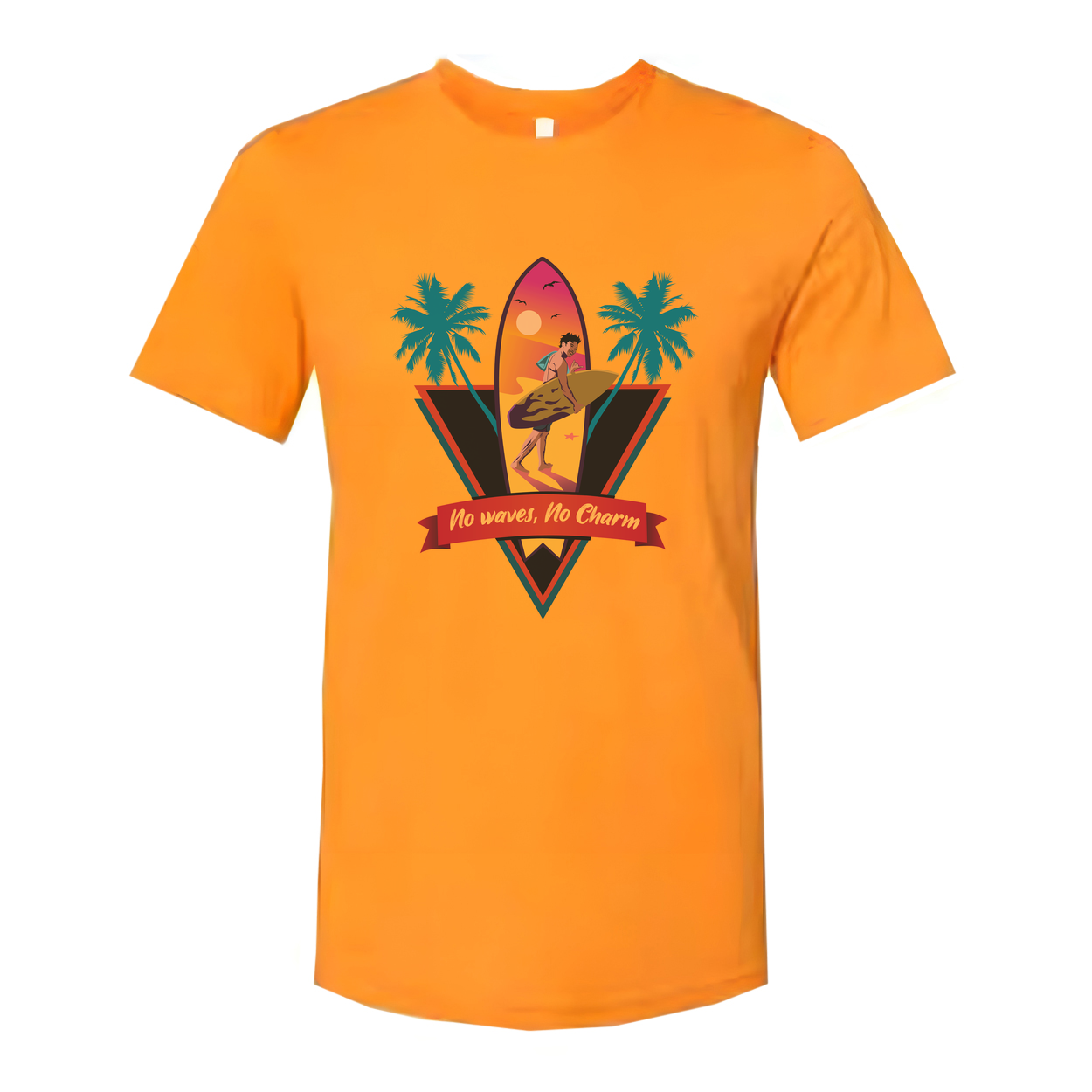 Unisex Surfing Graphic Tee With Sunset Surfer, Palm Trees And No Waves, No Charm Ribbon