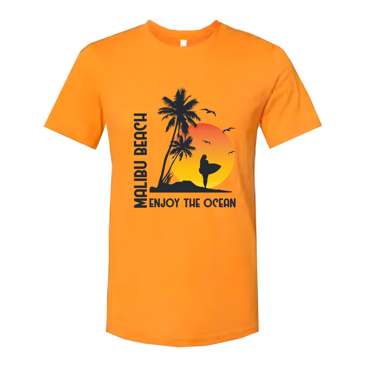 Malibu Beach Sunset Surfing Graphic Unisex T Shirt With Palm Trees And Surfer Silhouette