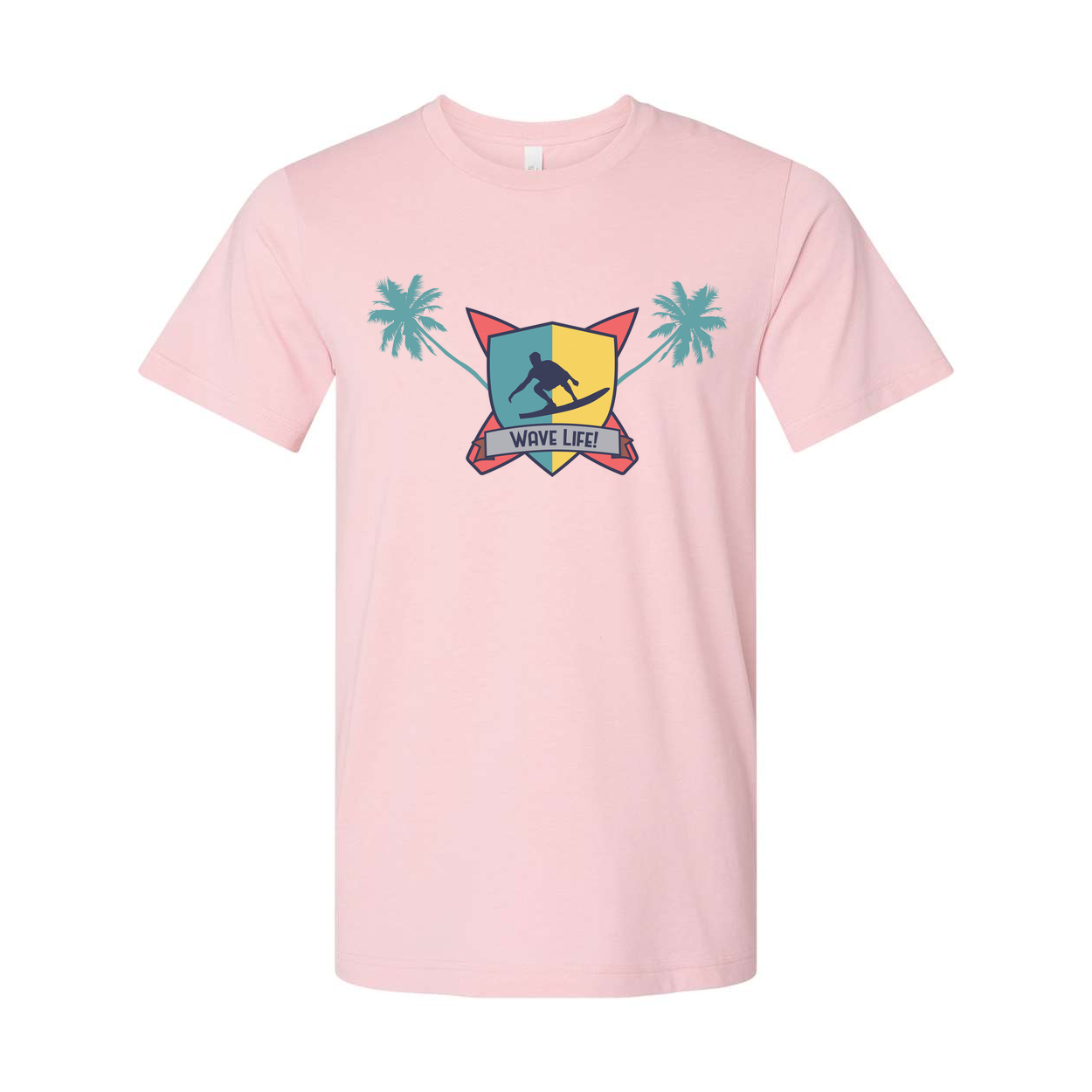 Unisex Surfing Crest Tee Featuring Wave Shield Emblem Palm Trees And Beachside Graphic Design