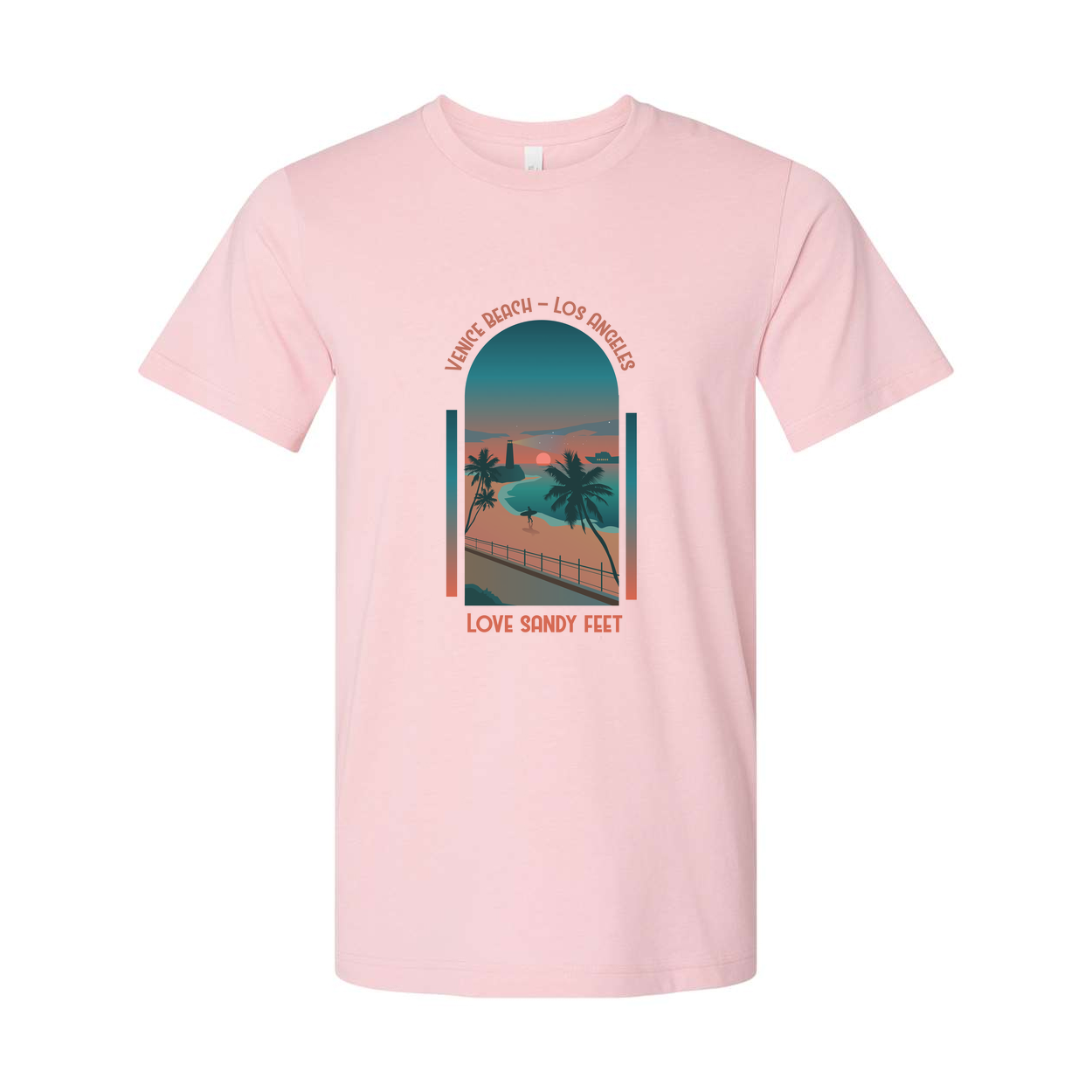 Surfing Unisex T Shirt With Venice Beach Sunset Scene Palm Trees And Love Sandy Feet