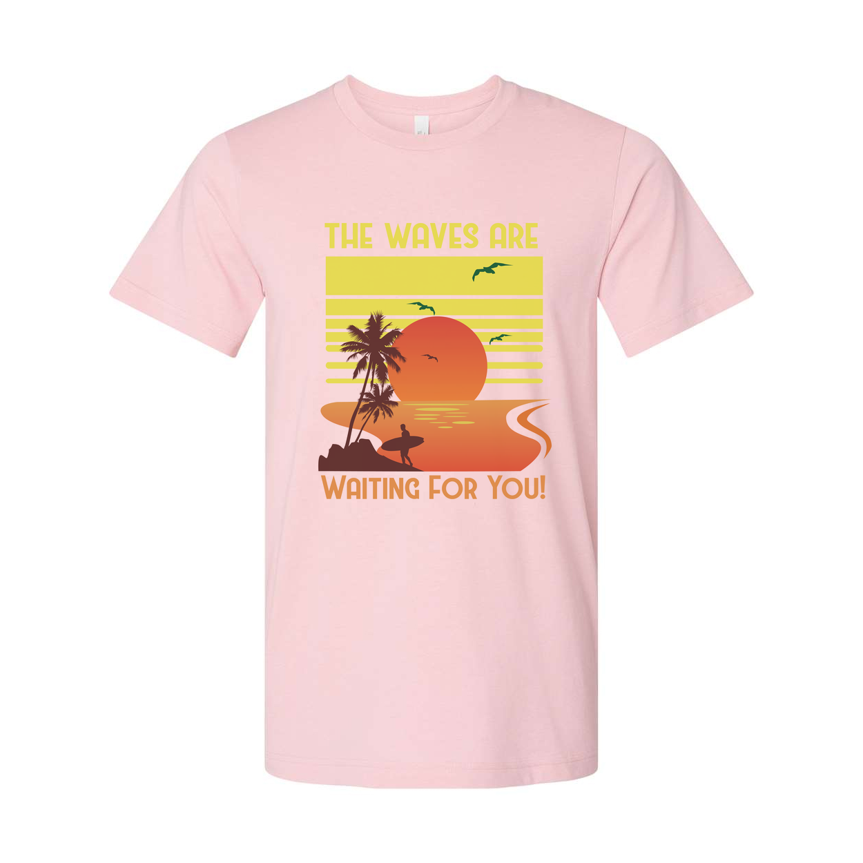 Unisex Surfing Sunset Graphic Tee Featuring Palm Trees Ocean Waves And A Radiant Orange Sun