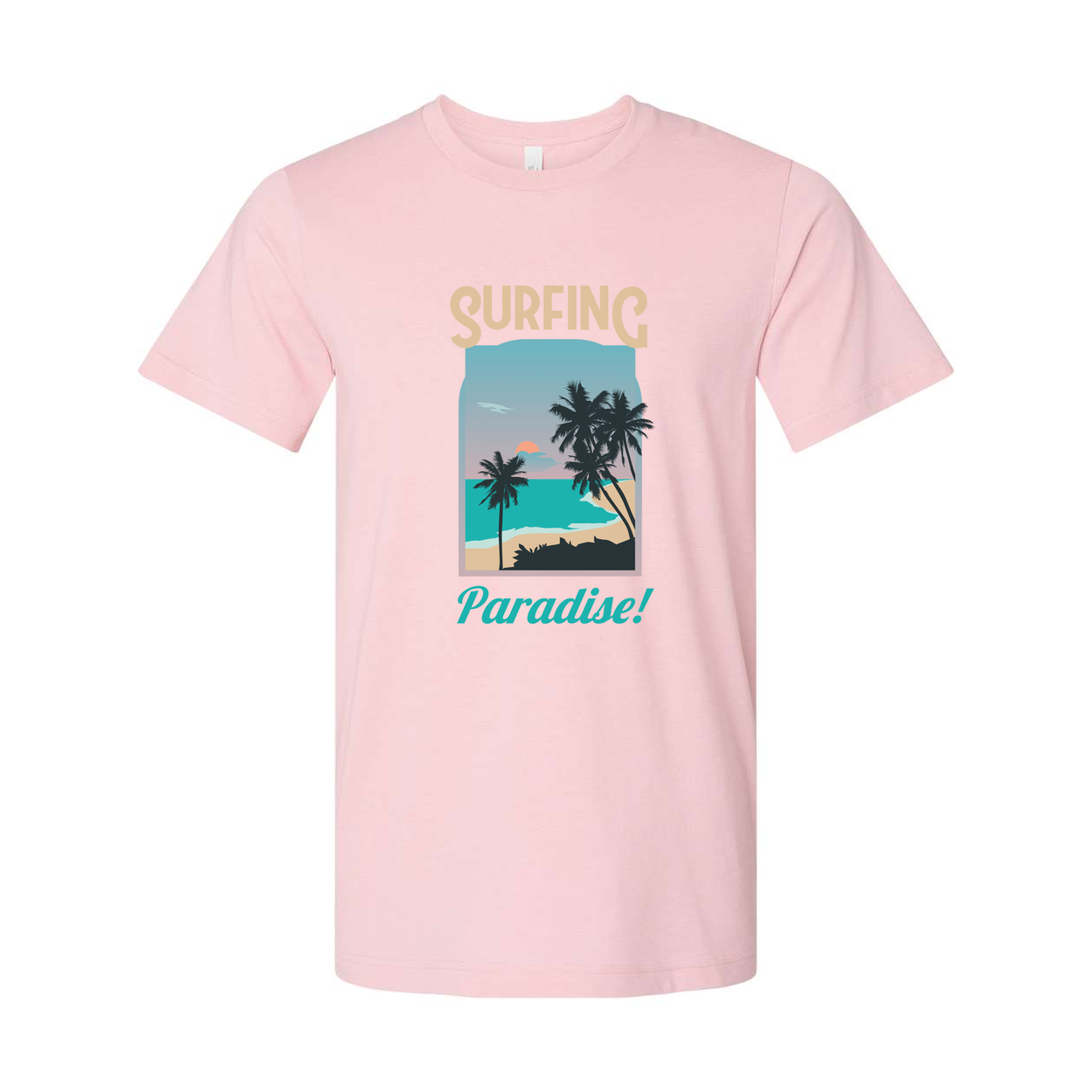 Surfing Paradise Graphic Tee For Men And Women Unisex With Palm Tree Beach Scene Coastal Sunset Ocean Surfer Gift Idea