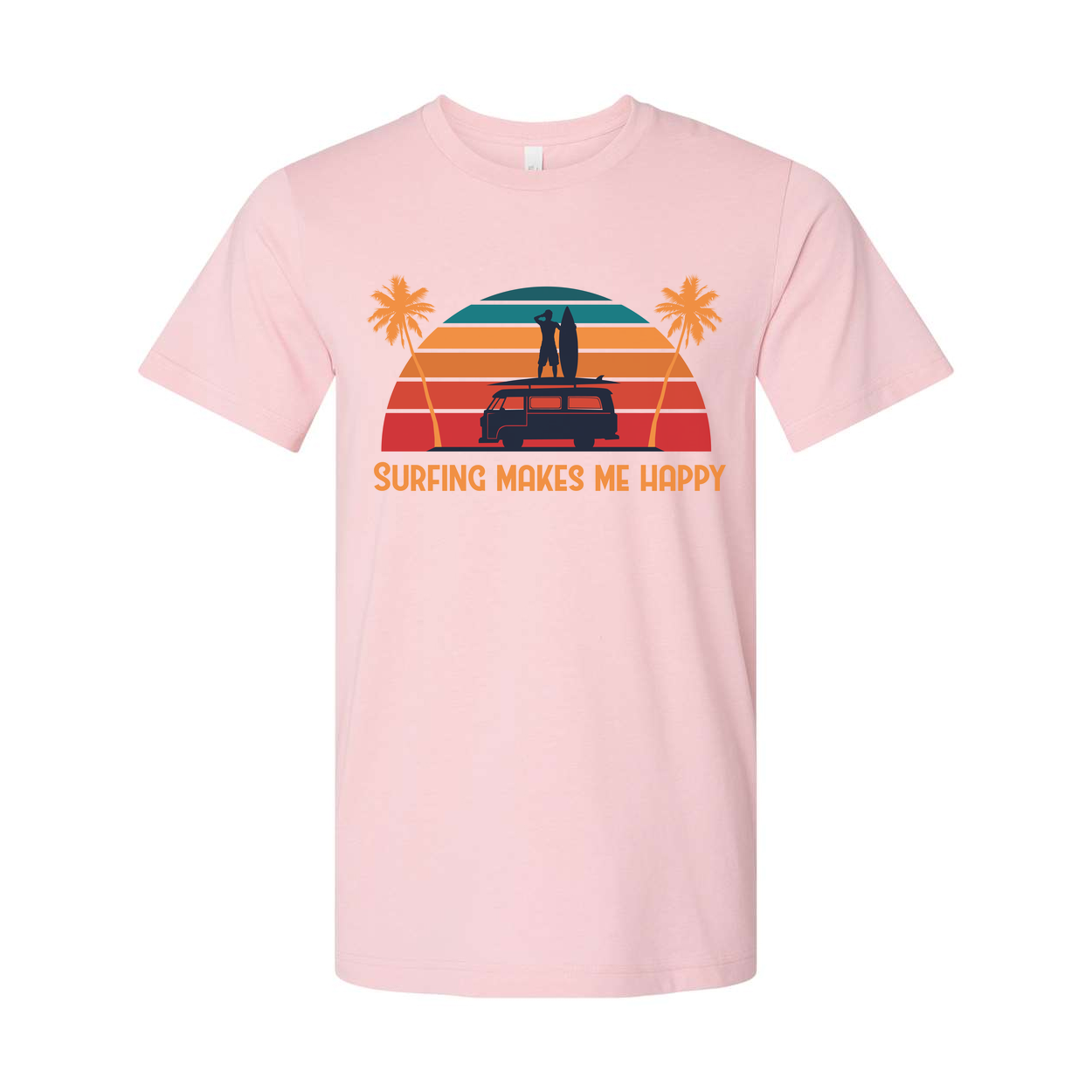 Surfing Makes Me Happy Unisex T Shirt With Retro Sunset Beach Scene And Surfboard Van