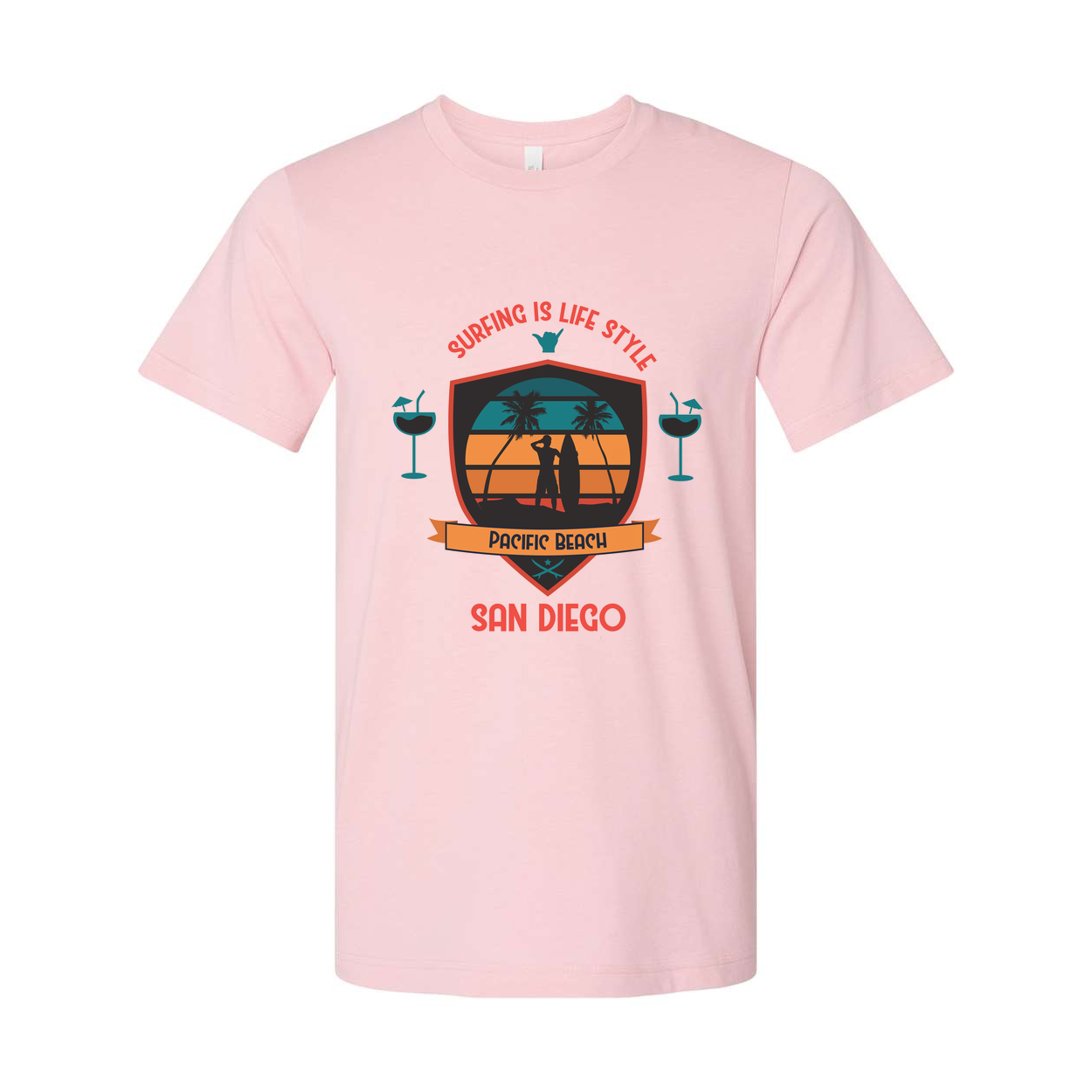 Unisex Surfing Tee With Pacific Beach San Diego Graphic Shield Design Retro Sunset Palette