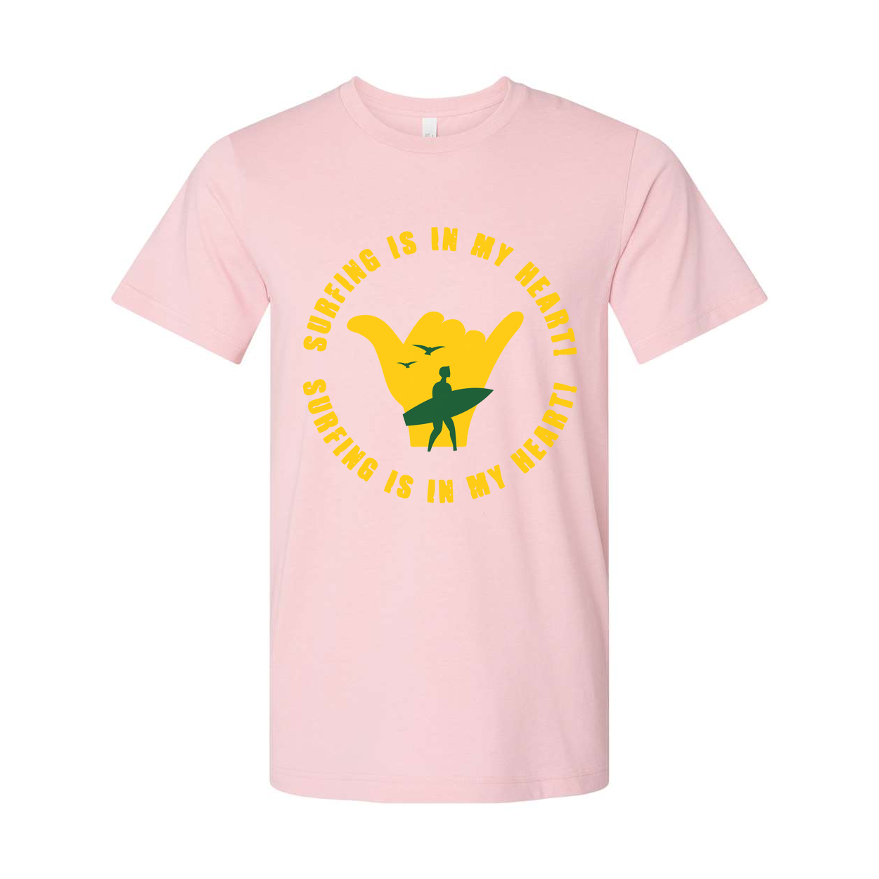 Surfing Is In My Heart Graphic Tee With Yellow Shaka Hand And Surfer Silhouette Design
