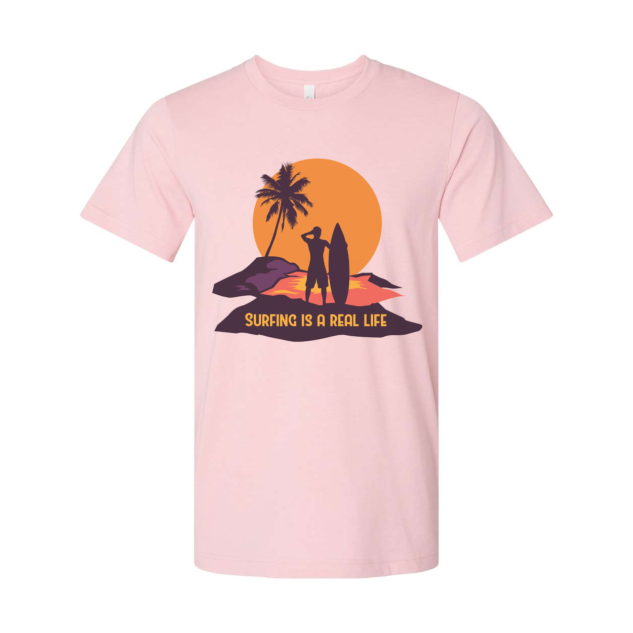 Unisex Surfing Graphic Tee With Silhouette Of Surfer And Palm Tree Against Sunset