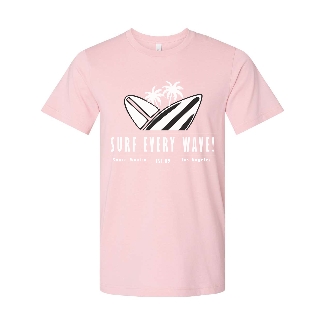 Surf Every Wave Graphic Tee With Surfboard And Palm Design