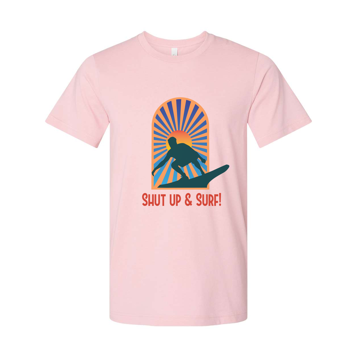 Unisex Surfing Graphic Tee With Sunburst Arch Silhouette Of Surfer And Retro Style Font
