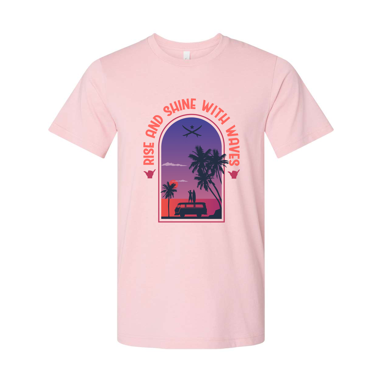 Unisex Surfing Themed T Shirt With Sunset Palm Trees And Van Scene Artwork For Beach Lovers