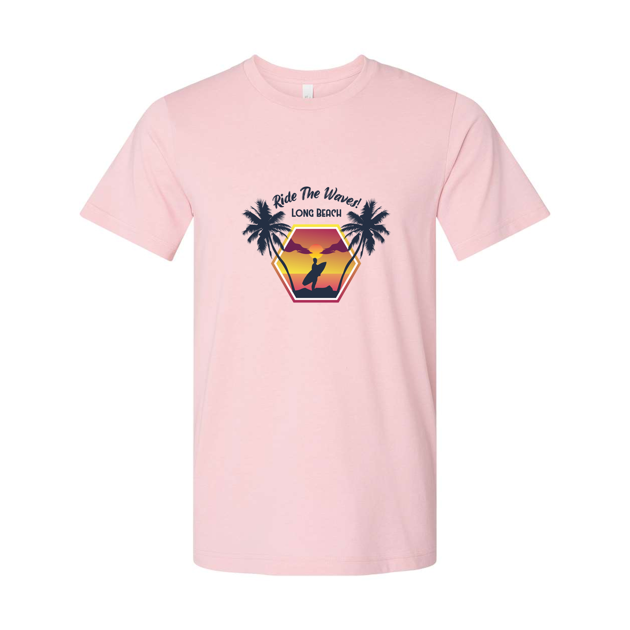 Surfing Sunset Hexagon Graphic Tee With Palm Trees And Rider Silhouette On Long Beach