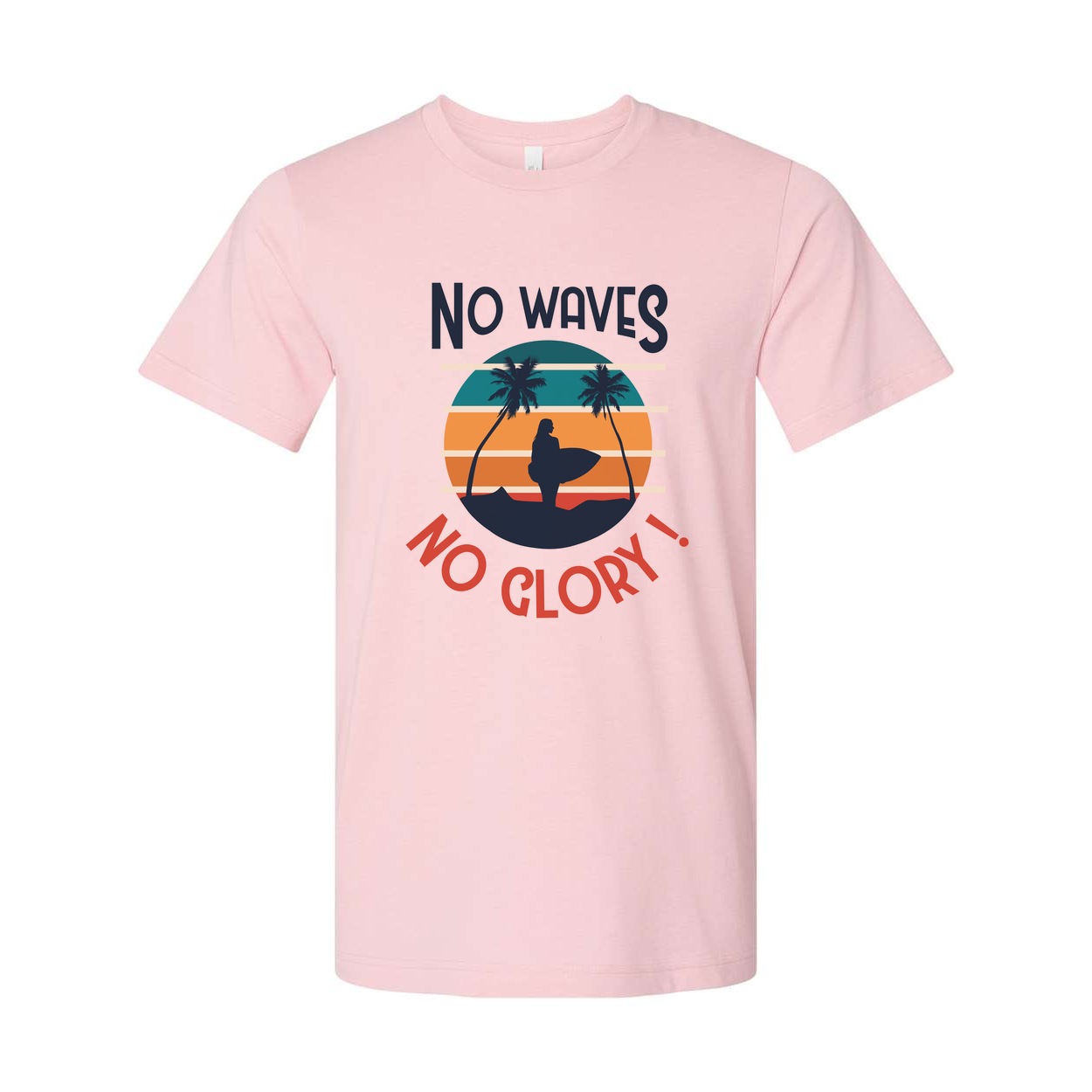 No Waves No Glory Surfing Graphic Unisex Tee For Men And Women With Sunset Palm Tree Design