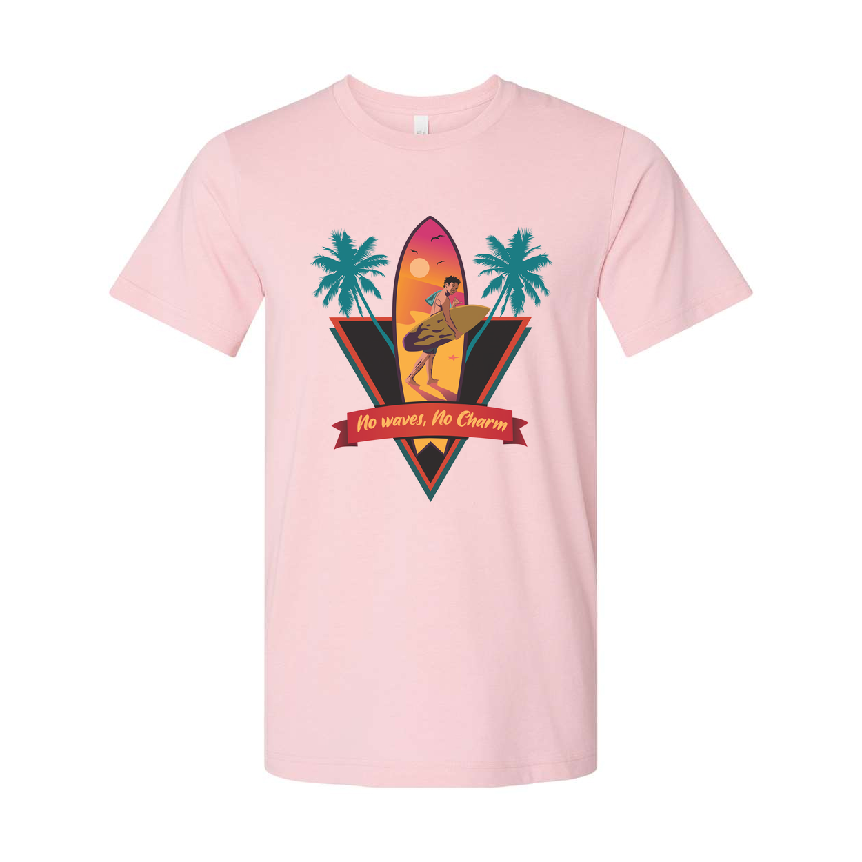 Unisex Surfing Graphic Tee With Sunset Surfer, Palm Trees And No Waves, No Charm Ribbon