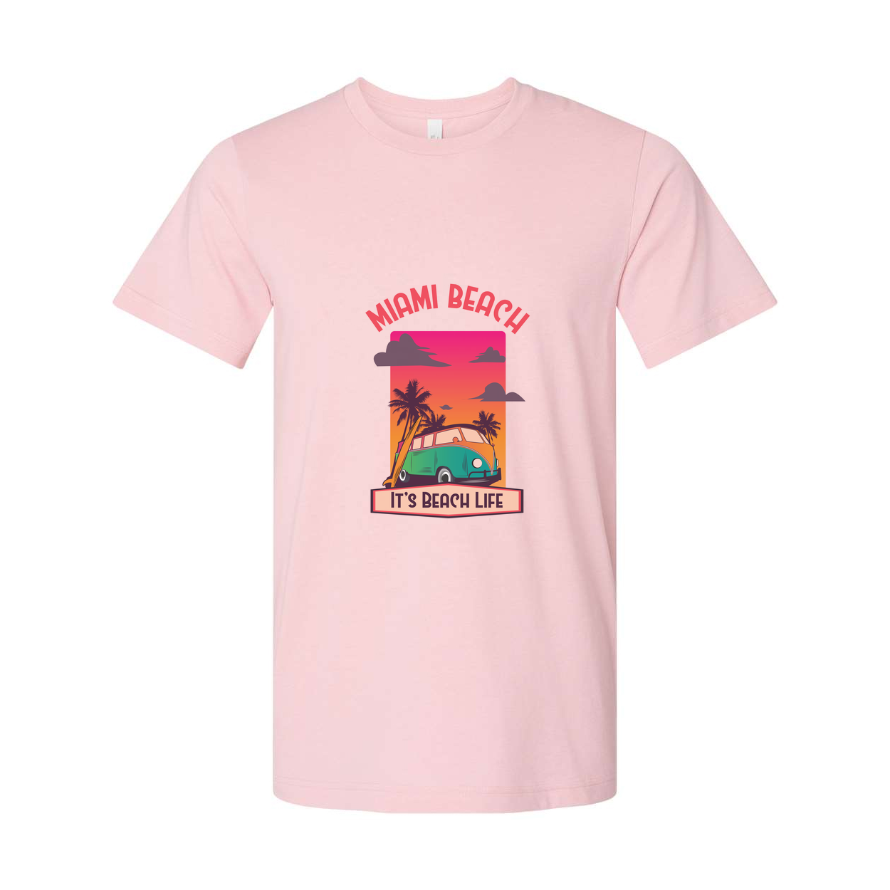 Miami Beach Retro Sunset Graphic T Shirt With Palm Trees And Classic Van Illustration