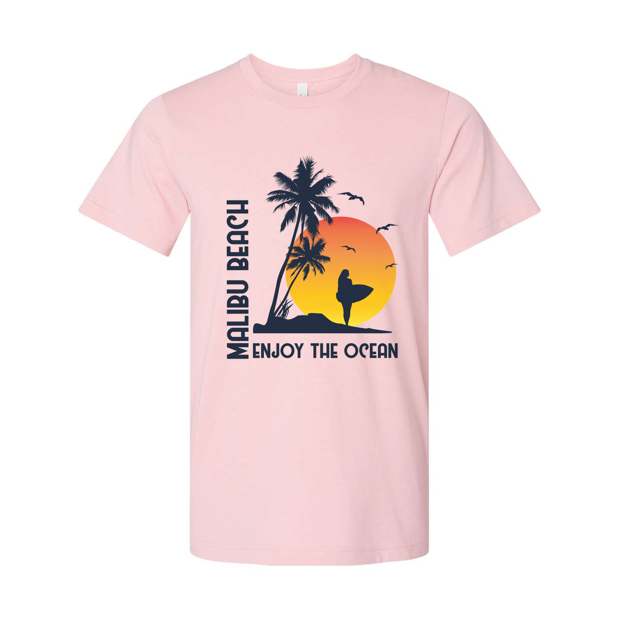 Malibu Beach Sunset Surfing Graphic Unisex T Shirt With Palm Trees And Surfer Silhouette