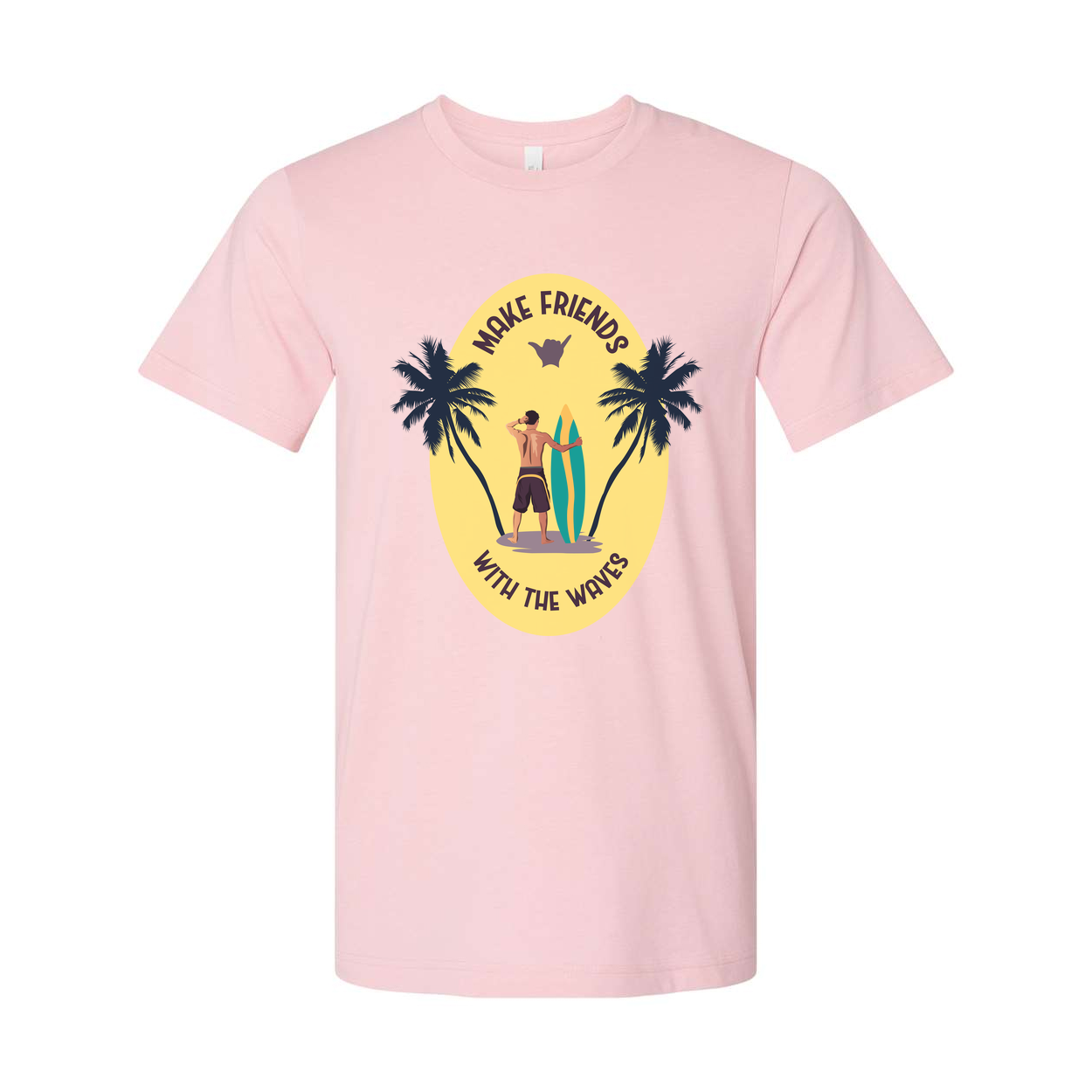 Unisex Surfing T Shirt With Sunset Palm Tree Graphic And Surfboard Make Friends With The Waves