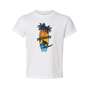 Unisex Surfing Graphic T Shirt With Palm Trees Sunset Surfboard Silhouette And Banner