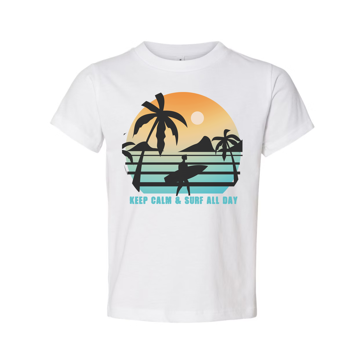Unisex Sunset Surf Tee With Palm Tree Silhouette And Surfboard Graphic Keep Calm And Surf All Day