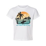 Unisex Sunset Surf Tee With Palm Tree Silhouette And Surfboard Graphic Keep Calm And Surf All Day