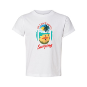 In Love With Surfing Graphic Unisex T Shirt Beach Scene Sunset Palm Design For Surf Lovers Worldwide